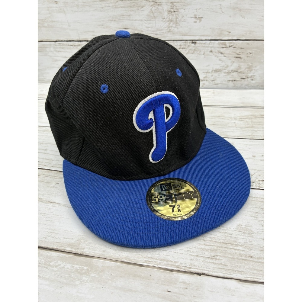New Era 59FIFTY Philadelphia Phillies Fitted Hat Cap Black Blue Size 7 3/8 MLB